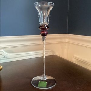 Dansk International clear and iridescent purple crystal candle holder. 10” tall.